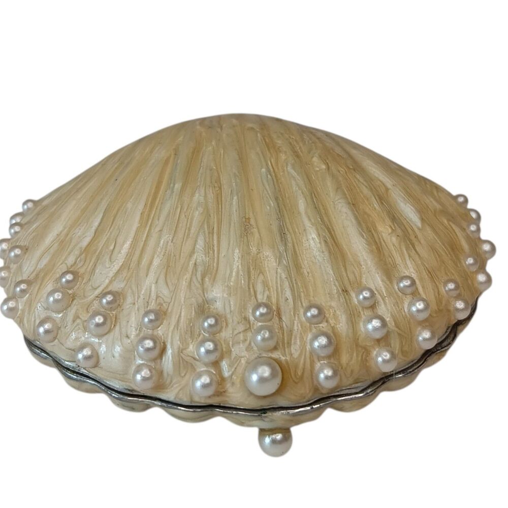 Clam Shell Scallop Trinket Box Enqmel With Faux Pearls Hinged Magnetic Closure